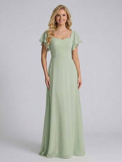 A Line Princess Sweetheart Short Sleeves Floor Length Bridesmaid Dresses with Ruffles