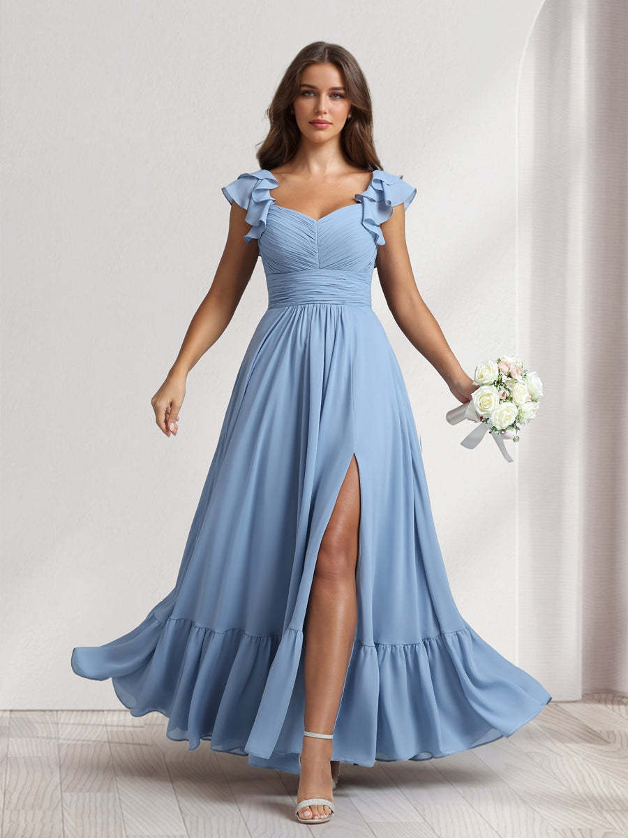 A Line Princess V Neck Ankle Length Bridesmaid Dresses With Ruffles Split Side