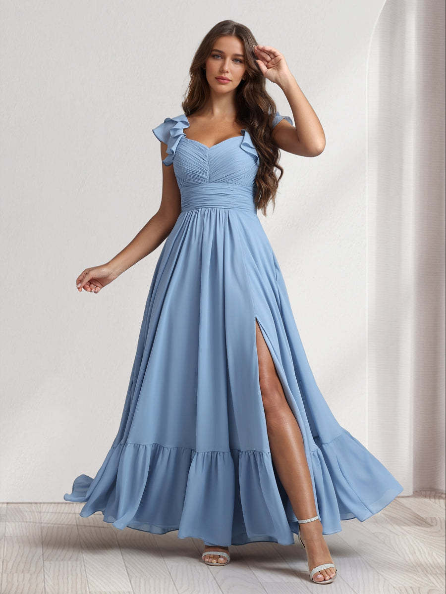 A Line Princess V Neck Ankle Length Bridesmaid Dresses With Ruffles Split Side