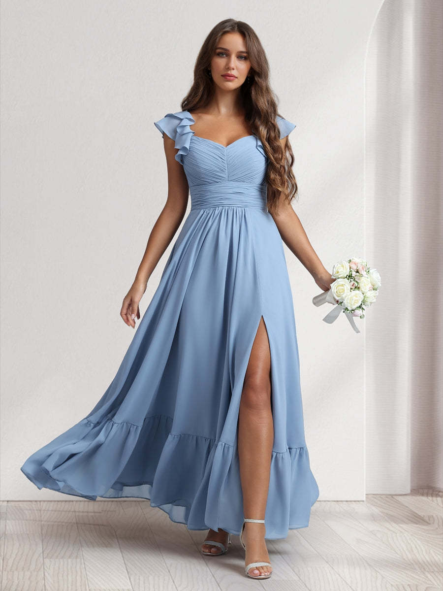A Line Princess V Neck Ankle Length Bridesmaid Dresses With Ruffles Split Side