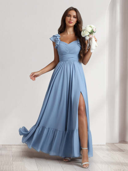 A Line Princess V Neck Ankle Length Bridesmaid Dresses With Ruffles Split Side