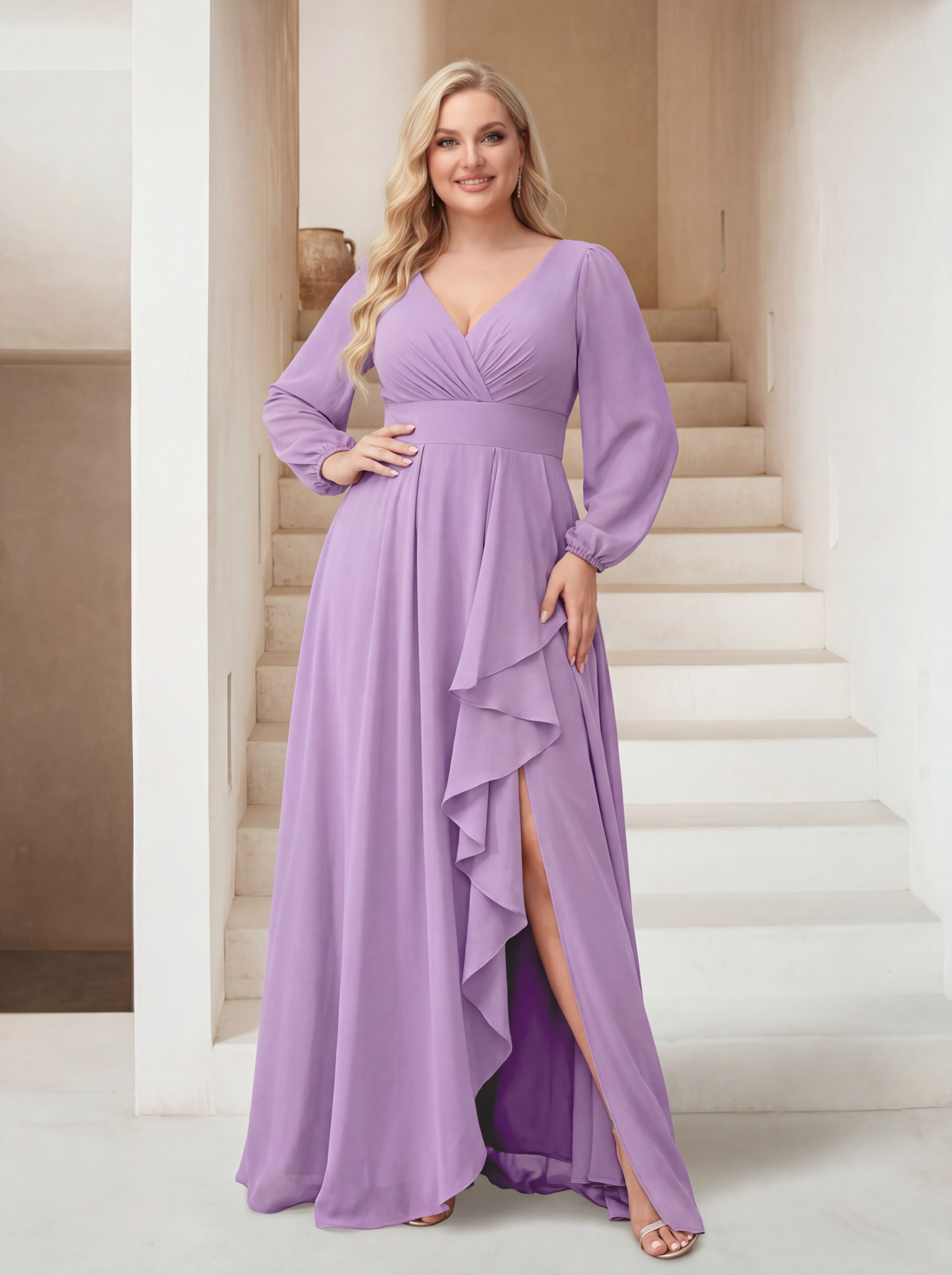 A Line Princess V Neck Asymmetrical Plus Size Bridesmaid Dresses with Split Side