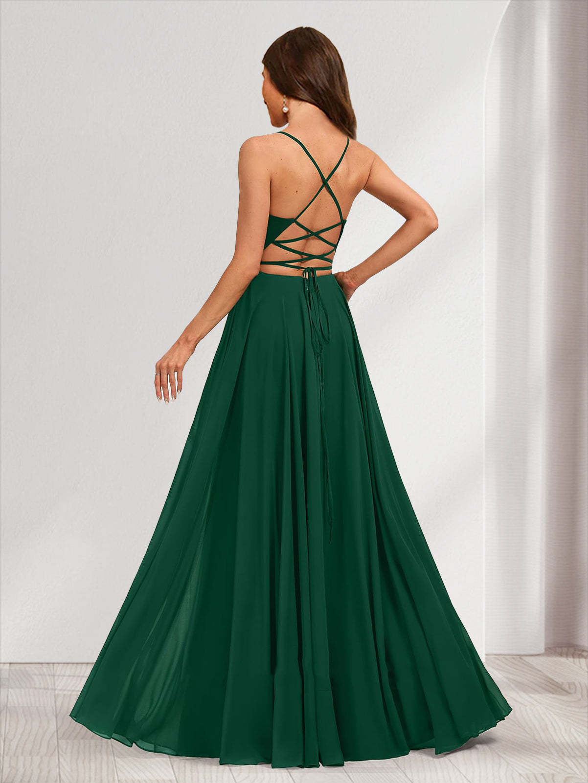 A Line Princess V Neck Bridesmaid Dresses with Rhinestone