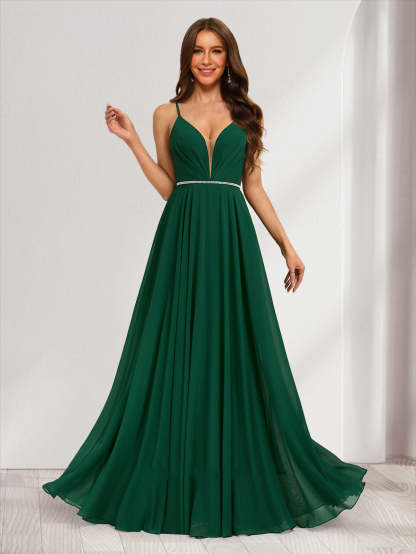 A Line Princess V Neck Bridesmaid Dresses with Rhinestone