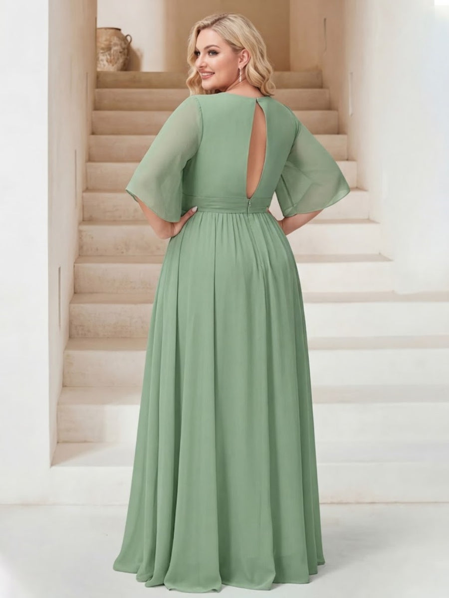 A Line Princess V Neck Floor Length Backless Plus Size Bridesmaid Dresses