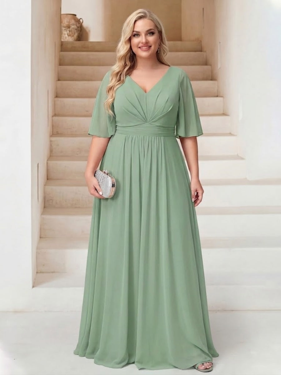 A Line Princess V Neck Floor Length Backless Plus Size Bridesmaid Dresses