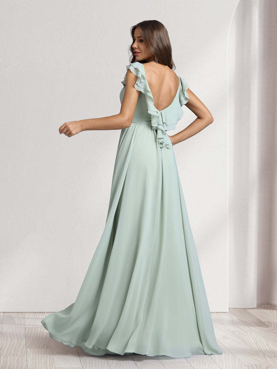 A Line Princess V Neck Floor Length Bridesmaid Dresses With Ruffles Pleats