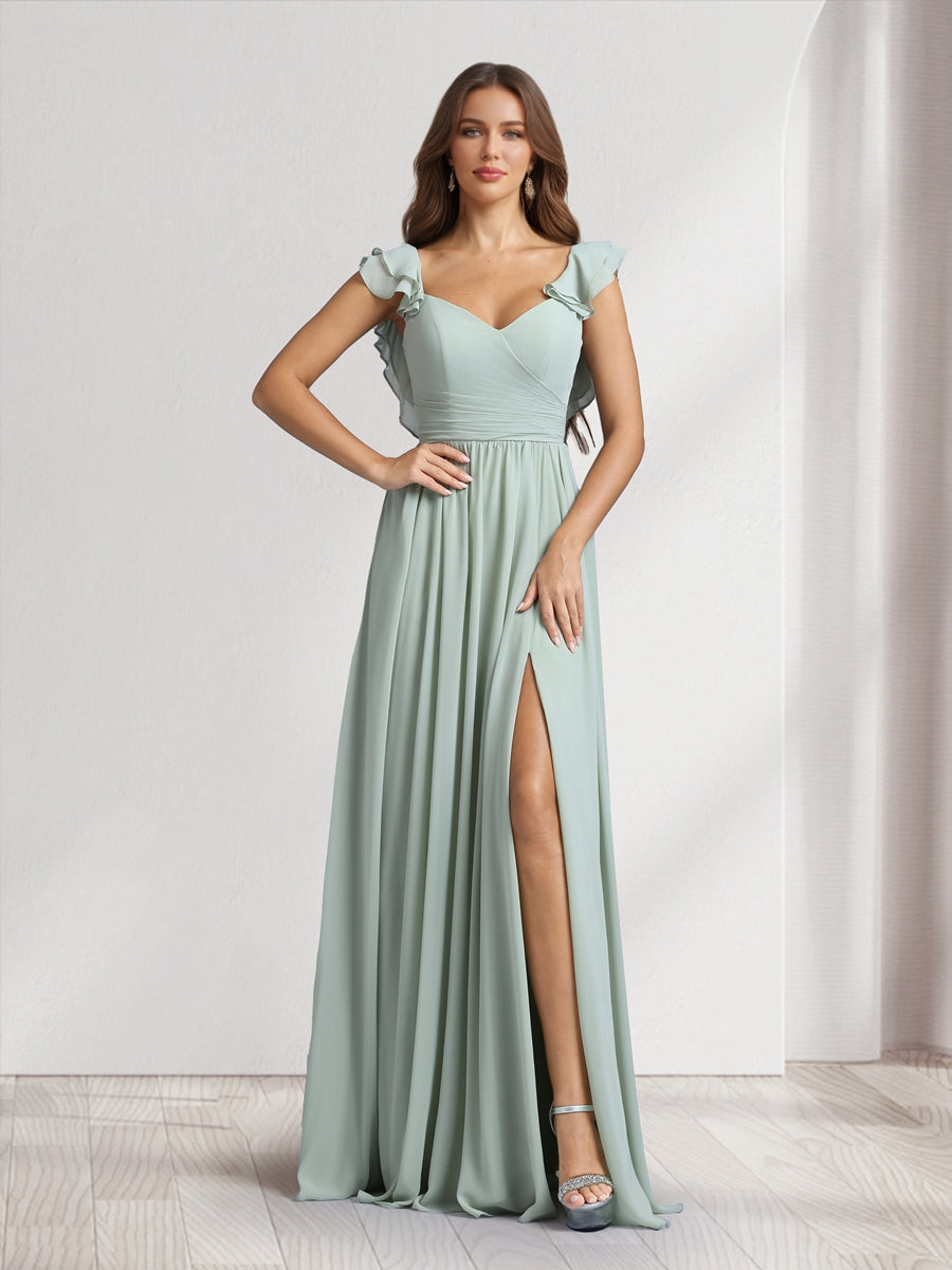 A Line Princess V Neck Floor Length Bridesmaid Dresses With Ruffles Pleats