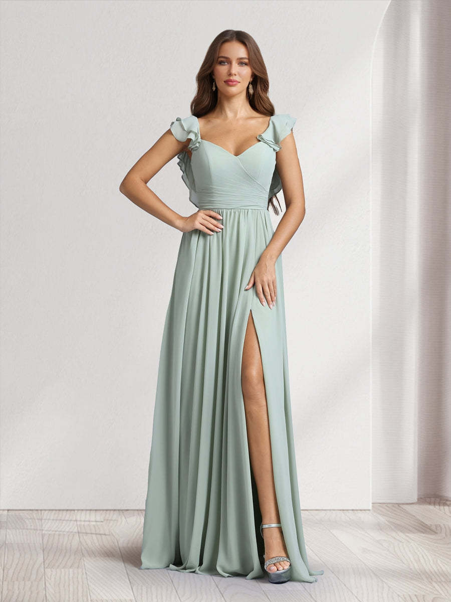 A Line Princess V Neck Floor Length Bridesmaid Dresses With Ruffles Pleats