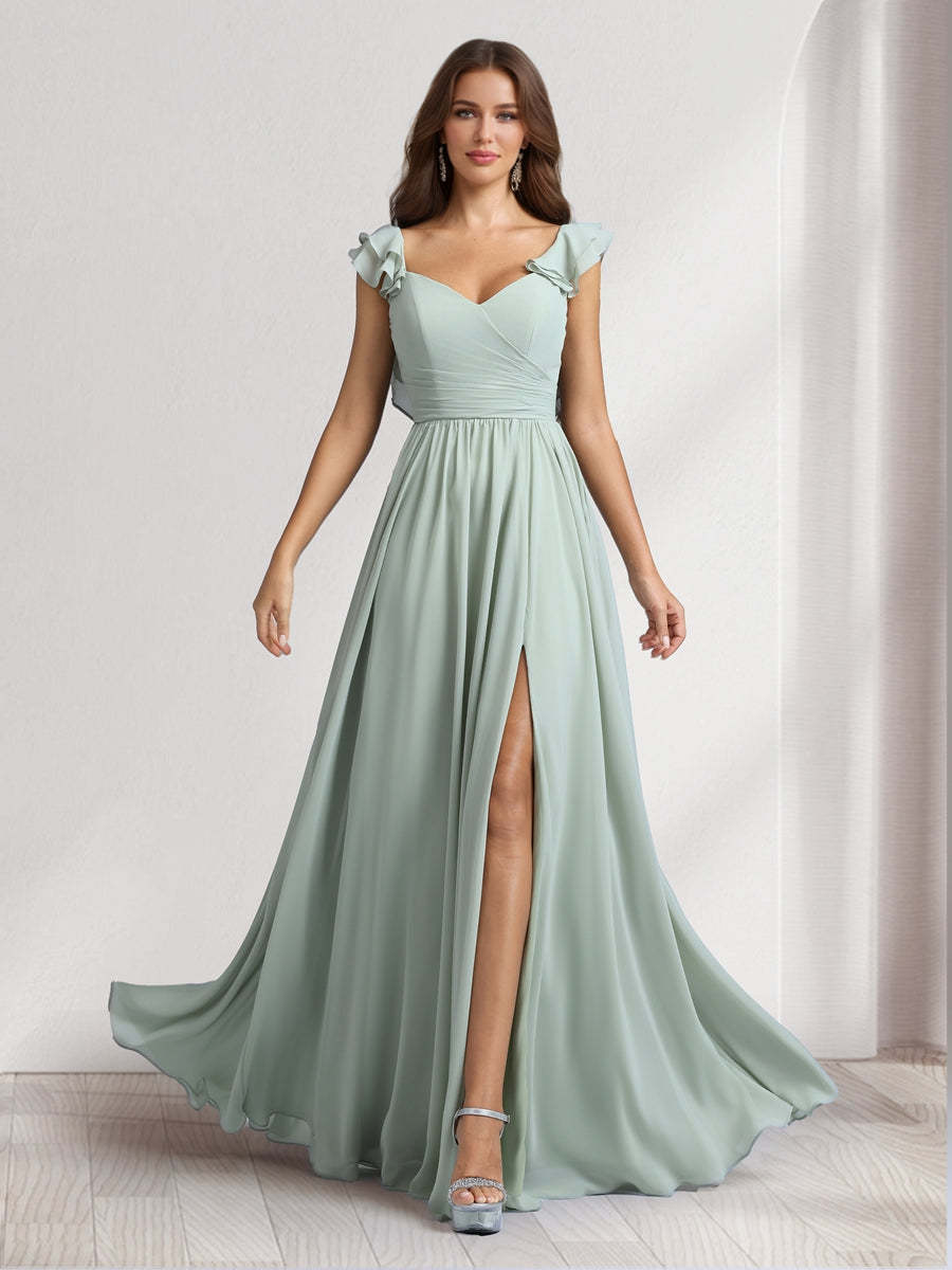 A Line Princess V Neck Floor Length Bridesmaid Dresses With Ruffles Pleats