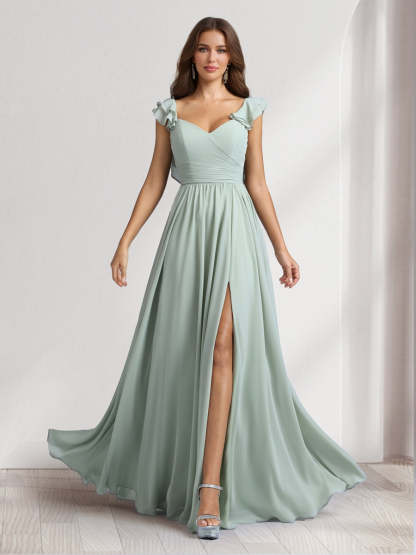 A Line Princess V Neck Floor Length Bridesmaid Dresses With Ruffles Pleats