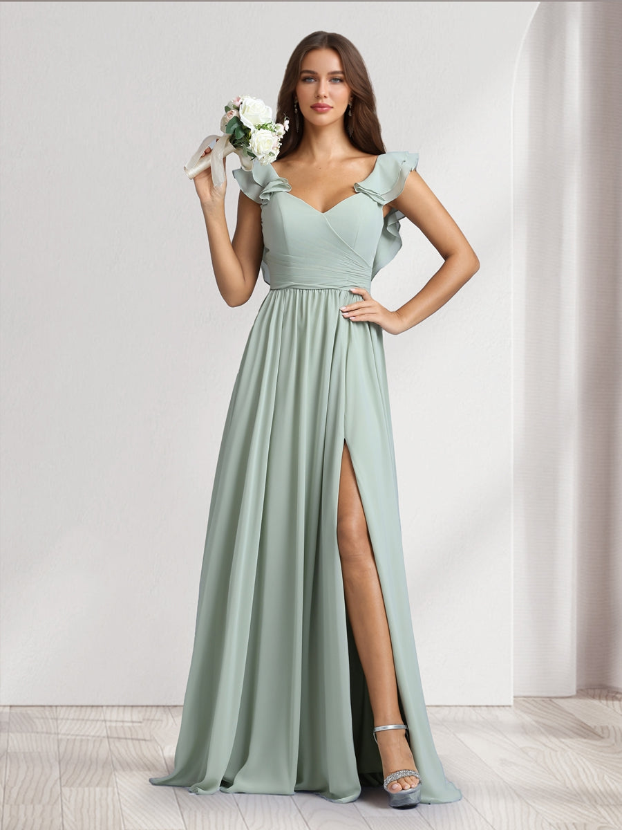 A Line Princess V Neck Floor Length Bridesmaid Dresses With Ruffles Pleats