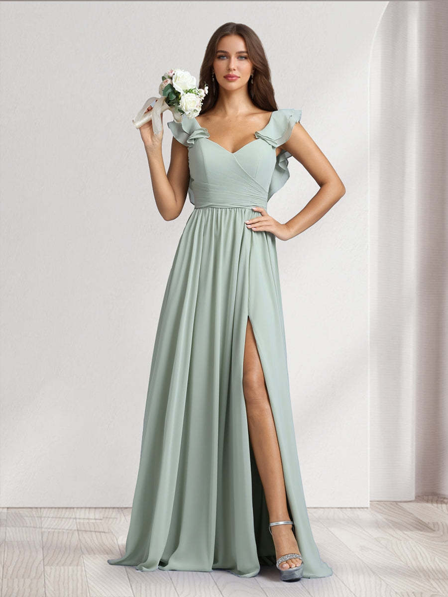 A Line Princess V Neck Floor Length Bridesmaid Dresses With Ruffles Pleats