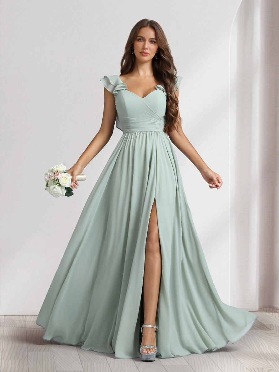 A Line Princess V Neck Floor Length Bridesmaid Dresses With Ruffles Pleats