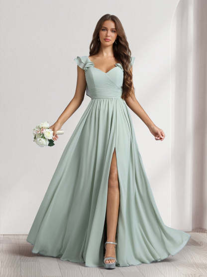 A Line Princess V Neck Floor Length Bridesmaid Dresses With Ruffles Pleats