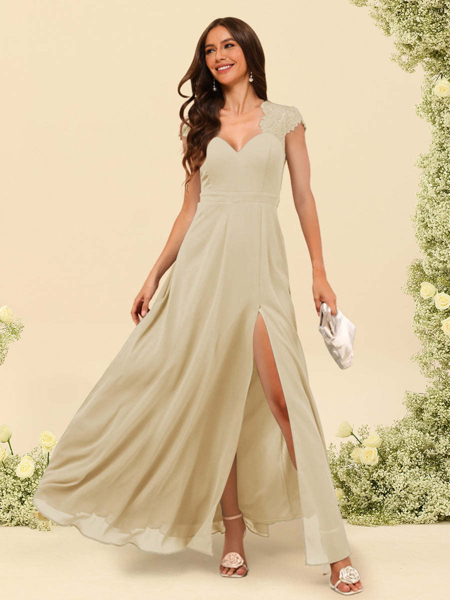A Line Princess V Neck Floor Length Bridesmaid Dresses With Split Side