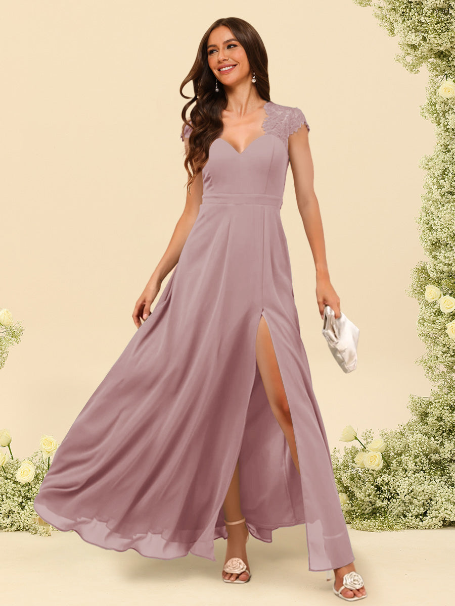 A Line Princess V Neck Floor Length Bridesmaid Dresses With Split Side
