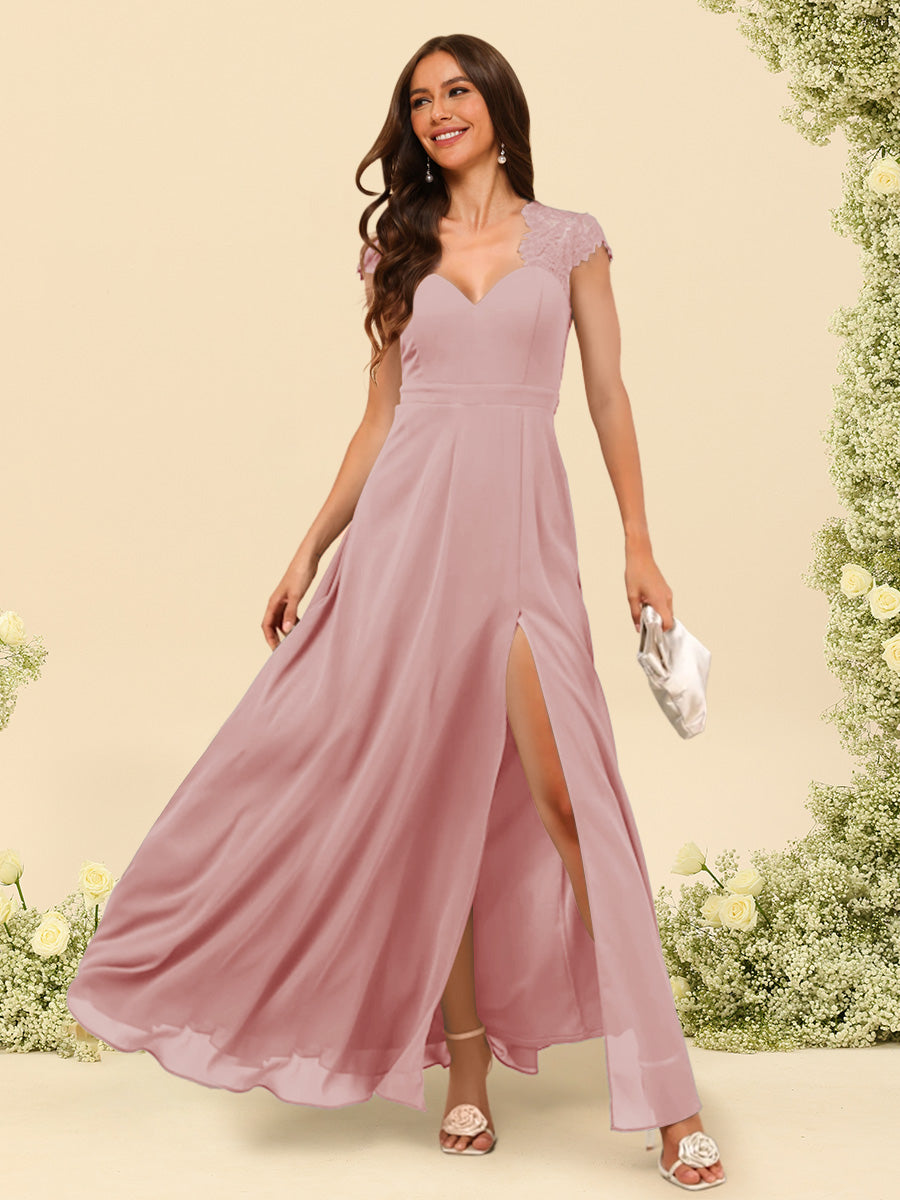 A Line Princess V Neck Floor Length Bridesmaid Dresses With Split Side
