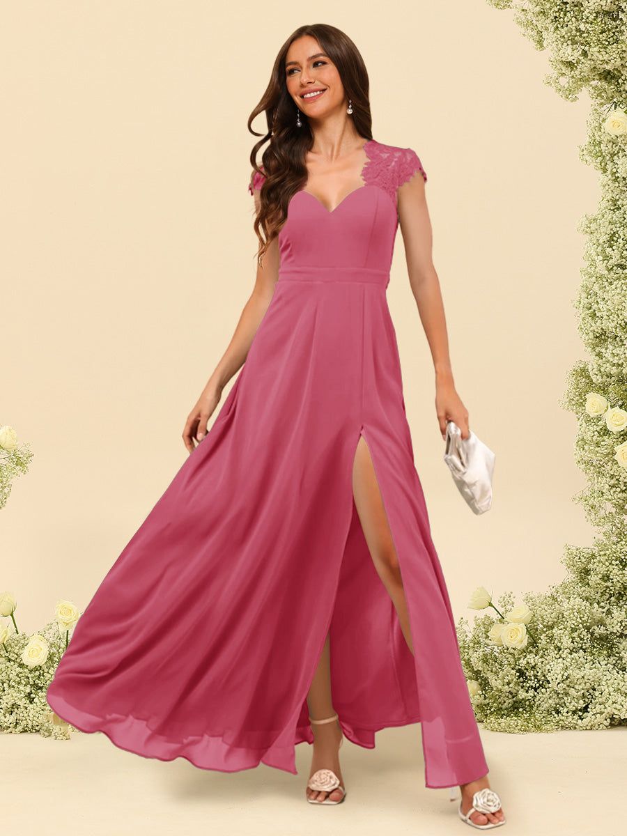 A Line Princess V Neck Floor Length Bridesmaid Dresses With Split Side