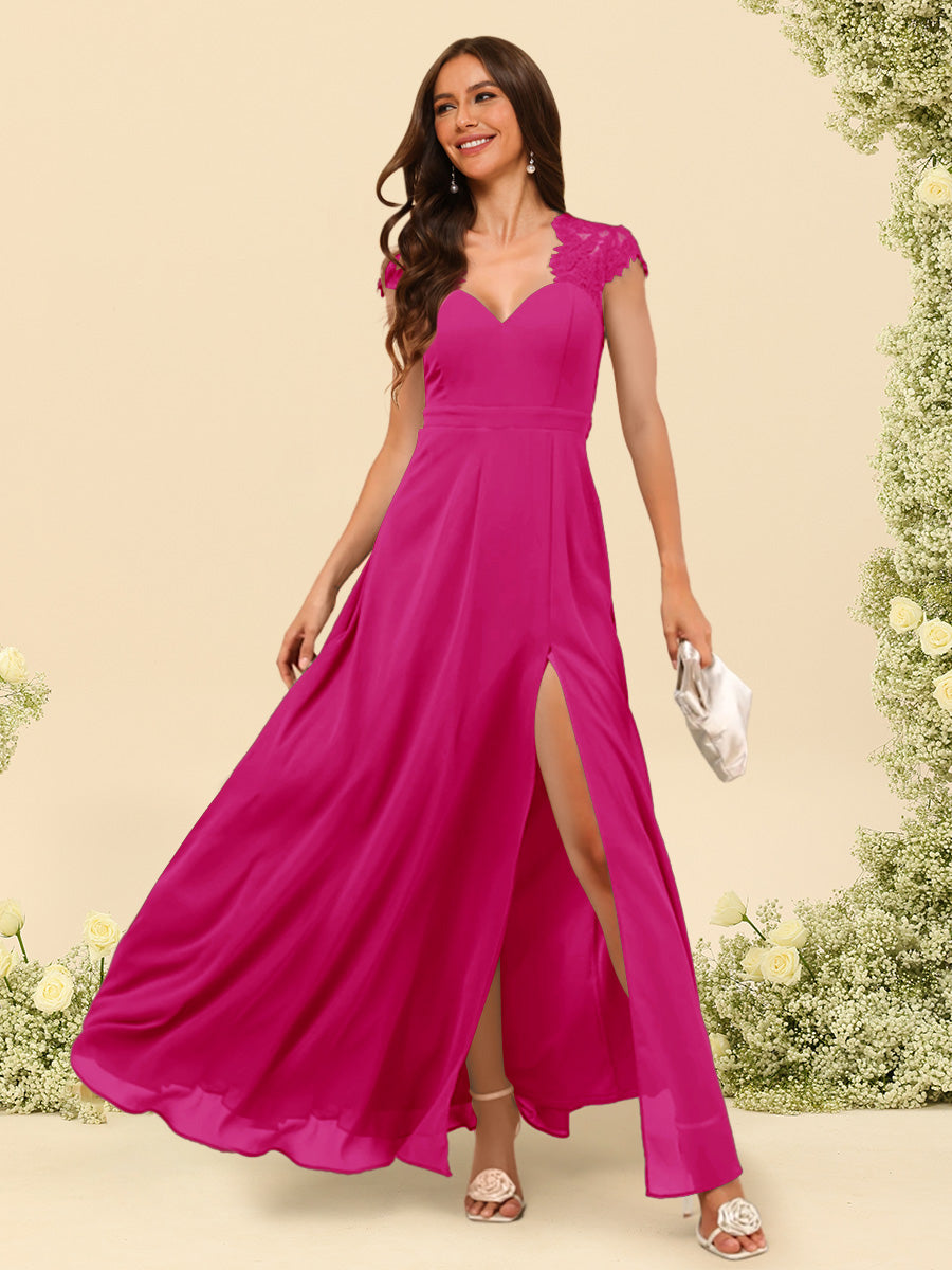 A Line Princess V Neck Floor Length Bridesmaid Dresses With Split Side