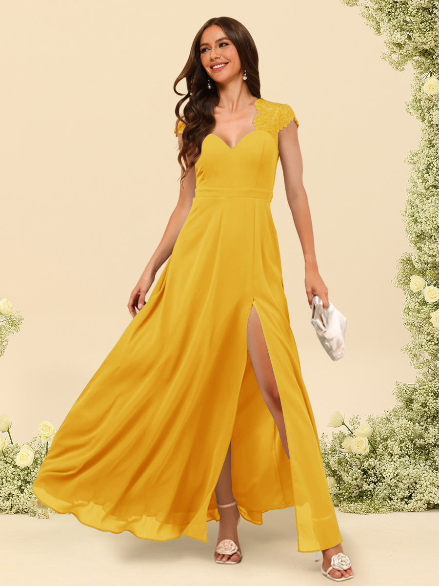 A Line Princess V Neck Floor Length Bridesmaid Dresses With Split Side