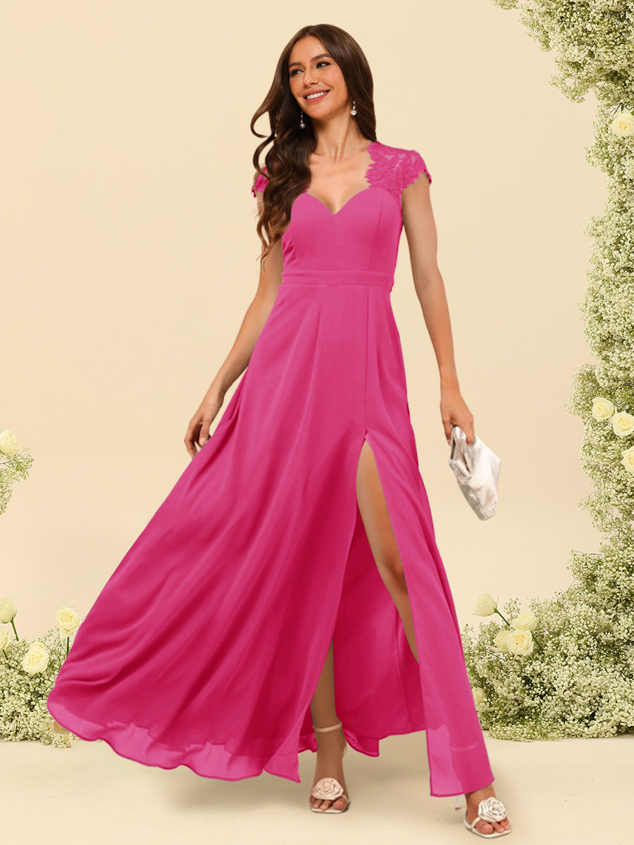 A Line Princess V Neck Floor Length Bridesmaid Dresses With Split Side