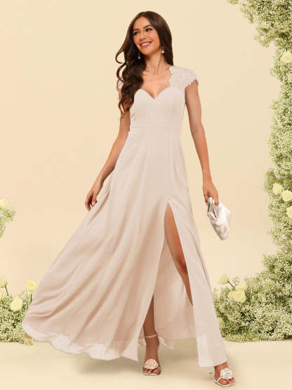 A Line Princess V Neck Floor Length Bridesmaid Dresses With Split Side
