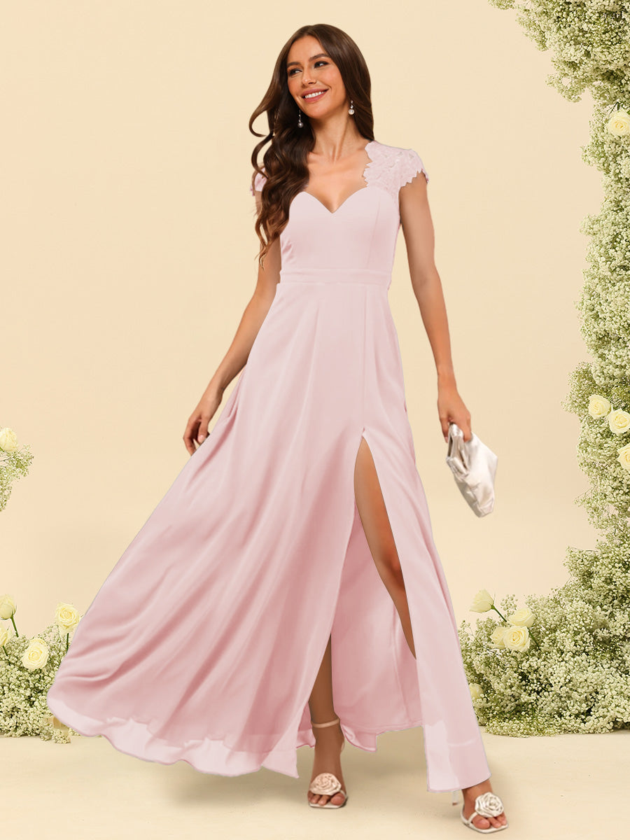 A Line Princess V Neck Floor Length Bridesmaid Dresses With Split Side