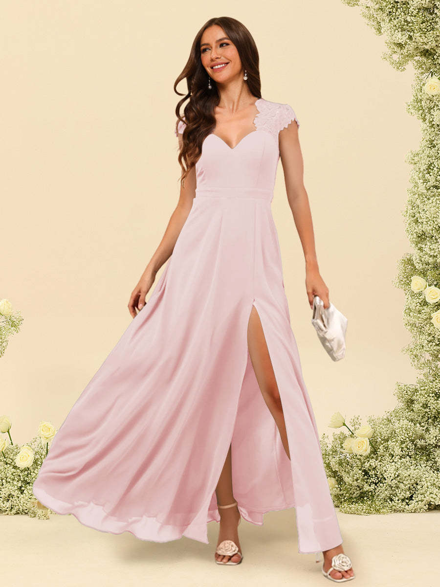 A Line Princess V Neck Floor Length Bridesmaid Dresses With Split Side