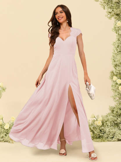 A Line Princess V Neck Floor Length Bridesmaid Dresses With Split Side