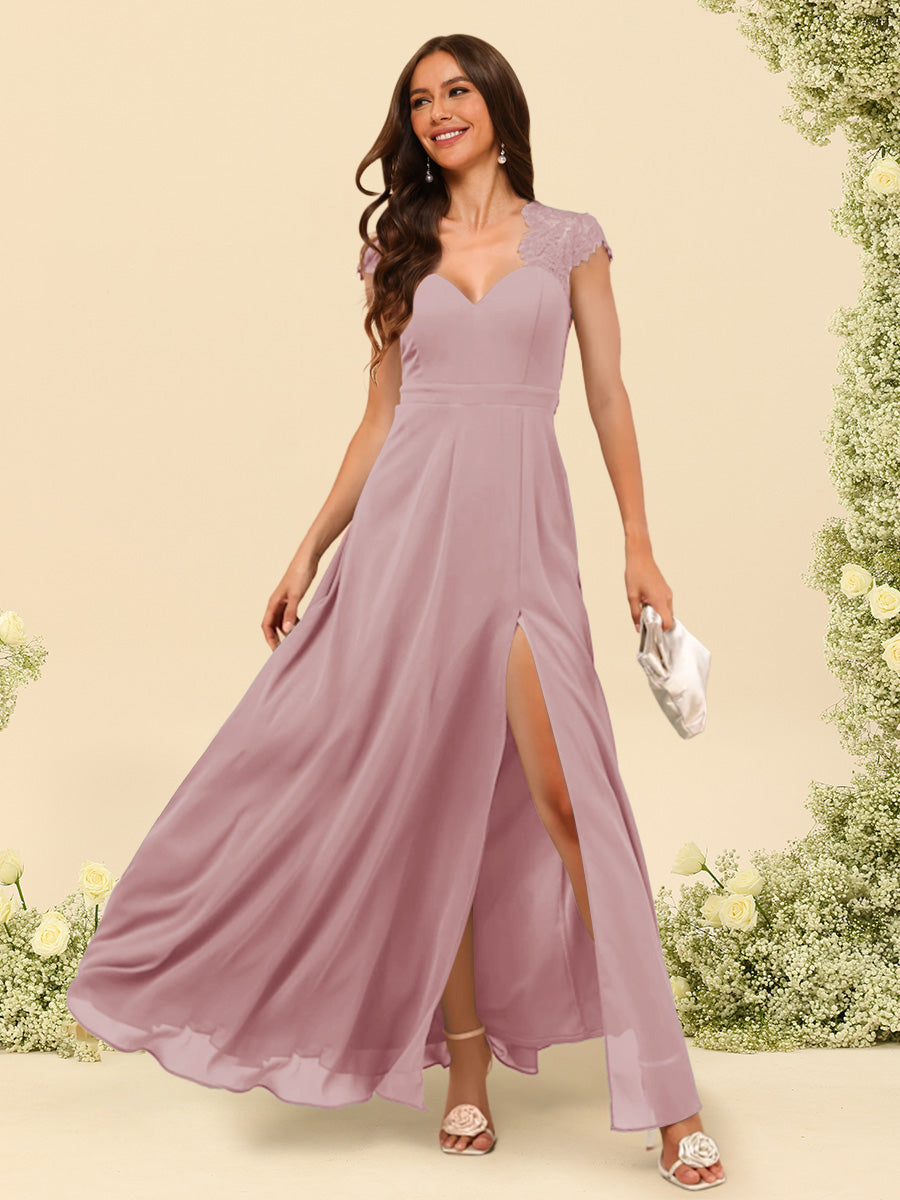 A Line Princess V Neck Floor Length Bridesmaid Dresses With Split Side