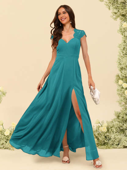 A Line Princess V Neck Floor Length Bridesmaid Dresses With Split Side