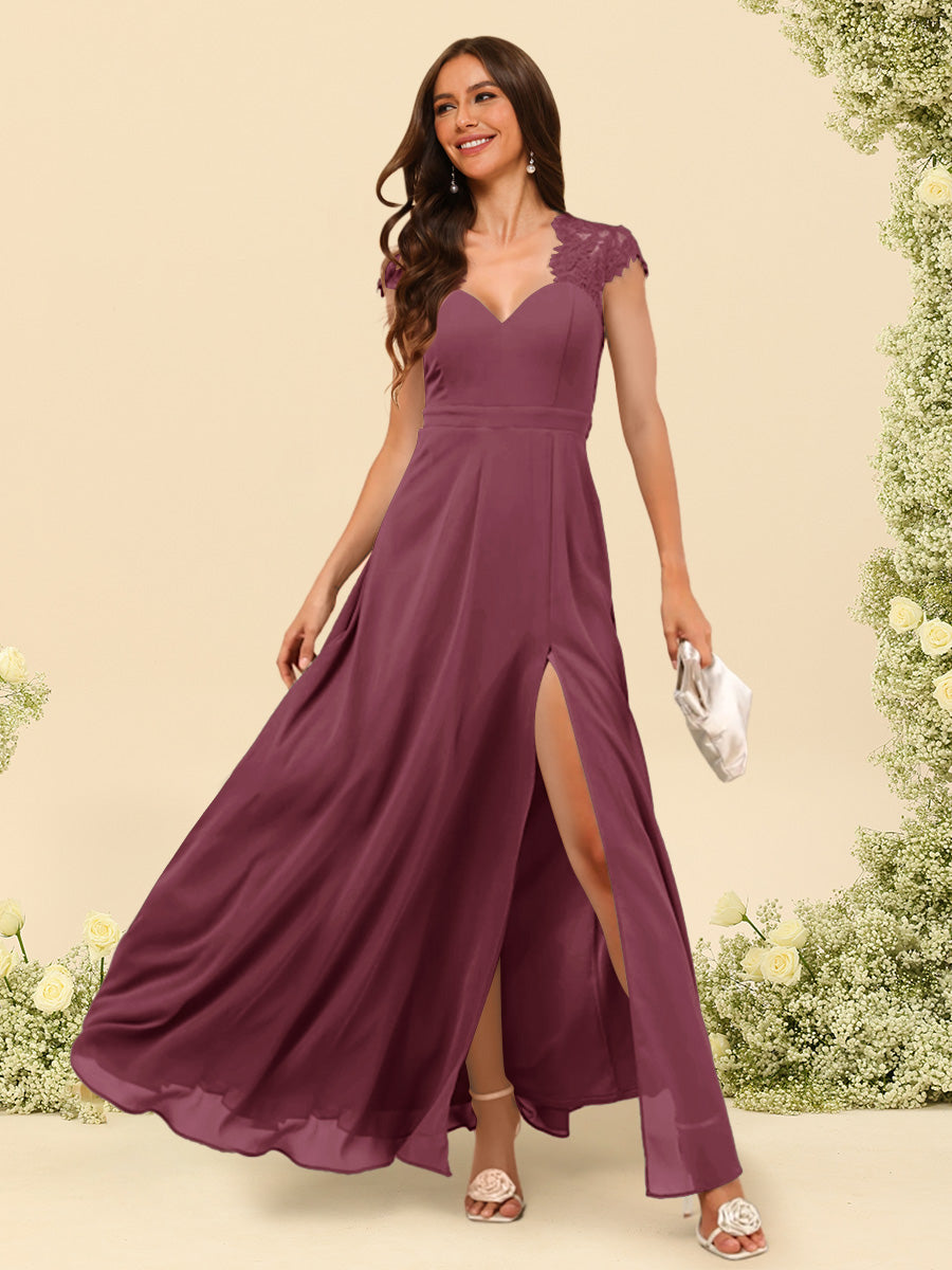 A Line Princess V Neck Floor Length Bridesmaid Dresses With Split Side