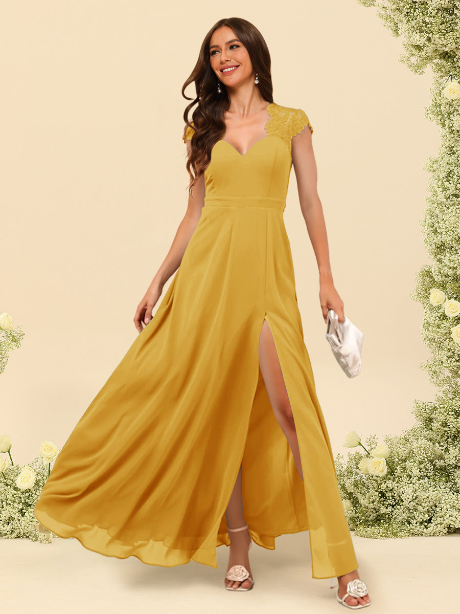 A Line Princess V Neck Floor Length Bridesmaid Dresses With Split Side