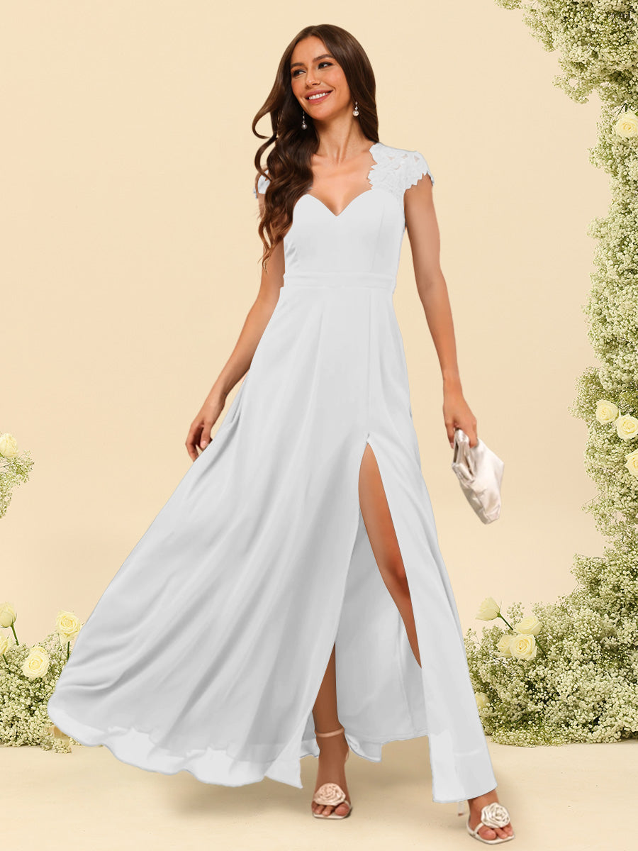 A Line Princess V Neck Floor Length Bridesmaid Dresses With Split Side