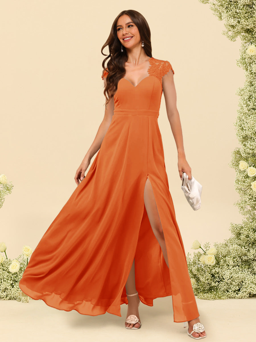 A Line Princess V Neck Floor Length Bridesmaid Dresses With Split Side
