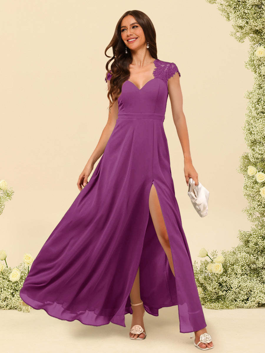 A Line Princess V Neck Floor Length Bridesmaid Dresses With Split Side