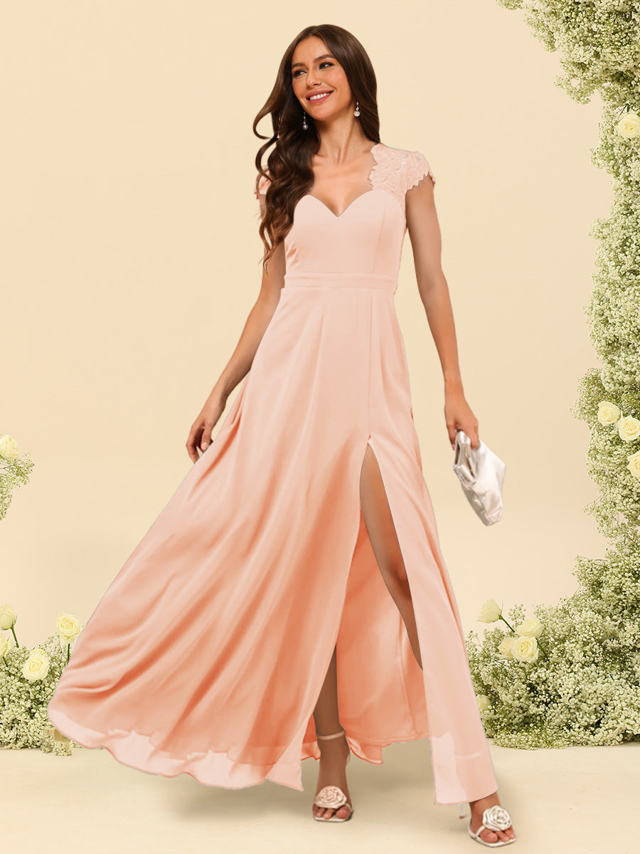A Line Princess V Neck Floor Length Bridesmaid Dresses With Split Side