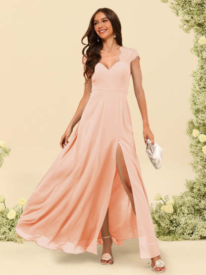 A Line Princess V Neck Floor Length Bridesmaid Dresses With Split Side