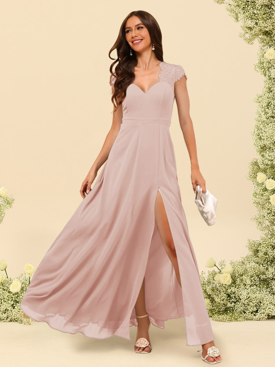 A Line Princess V Neck Floor Length Bridesmaid Dresses With Split Side