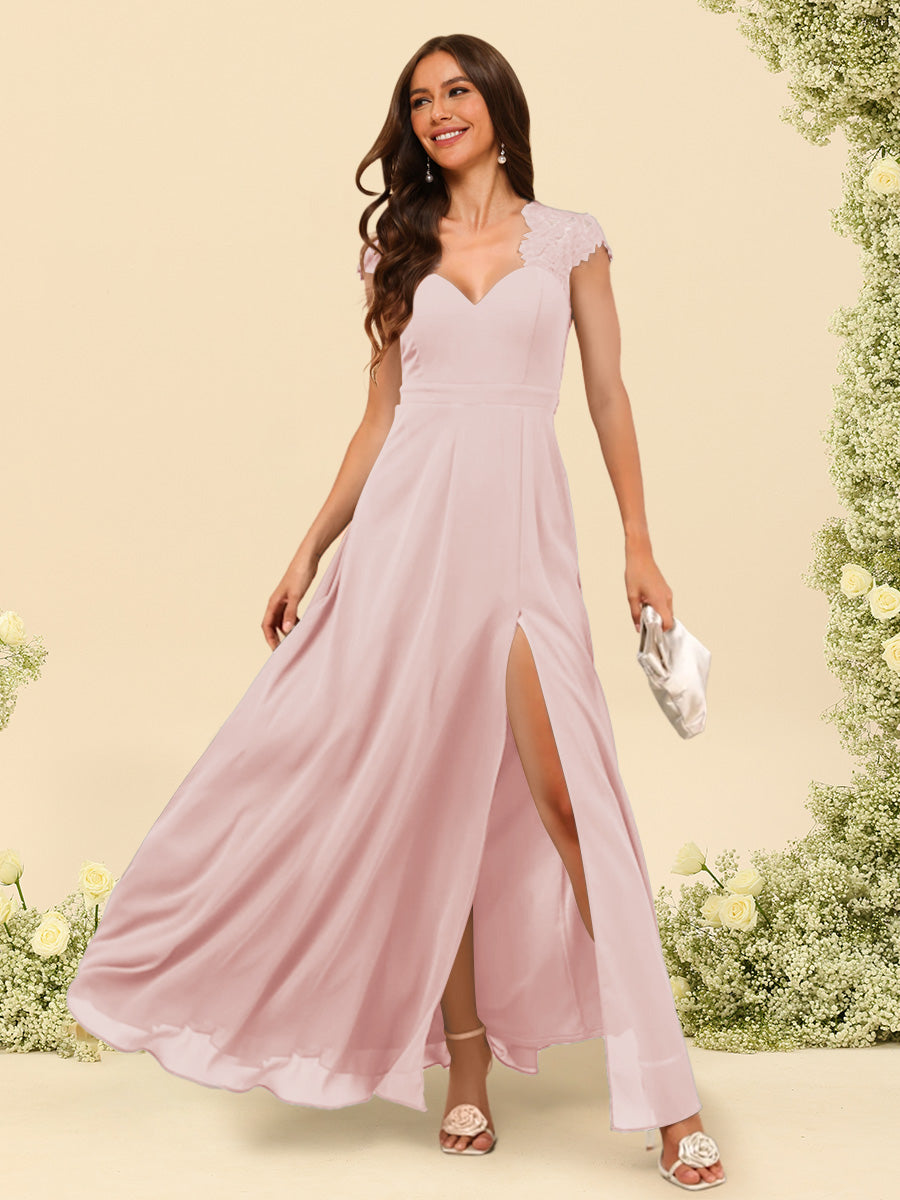 A Line Princess V Neck Floor Length Bridesmaid Dresses With Split Side