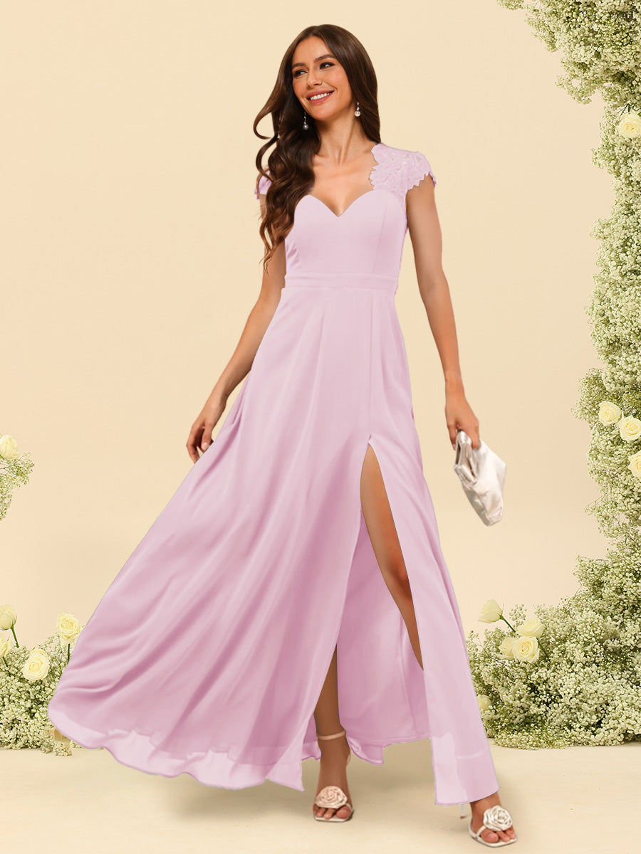A Line Princess V Neck Floor Length Bridesmaid Dresses With Split Side