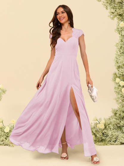 A Line Princess V Neck Floor Length Bridesmaid Dresses With Split Side