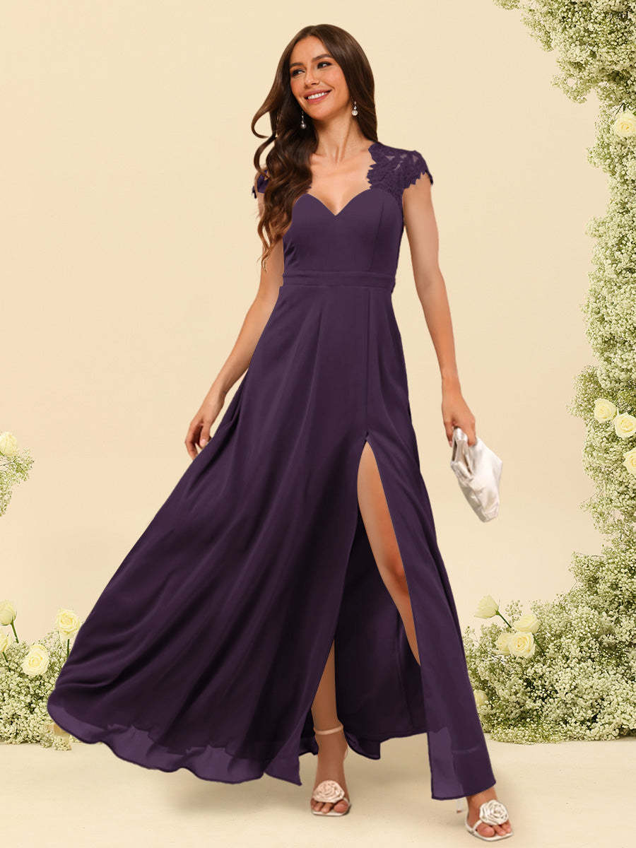 A Line Princess V Neck Floor Length Bridesmaid Dresses With Split Side