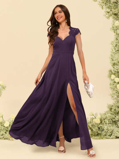 A Line Princess V Neck Floor Length Bridesmaid Dresses With Split Side