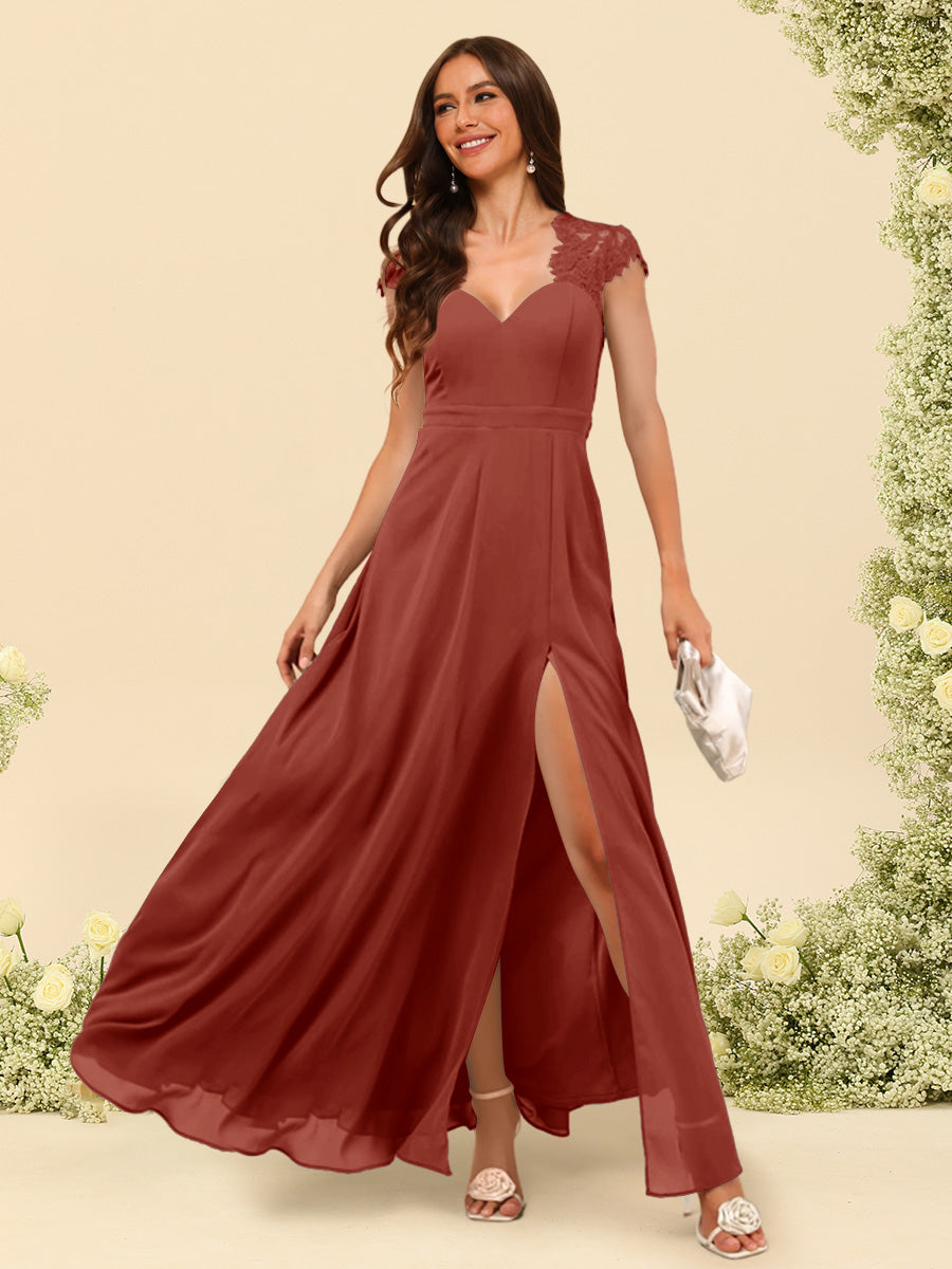 A Line Princess V Neck Floor Length Bridesmaid Dresses With Split Side