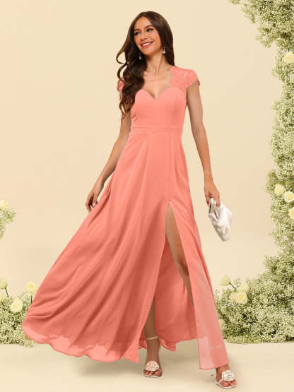 A Line Princess V Neck Floor Length Bridesmaid Dresses With Split Side