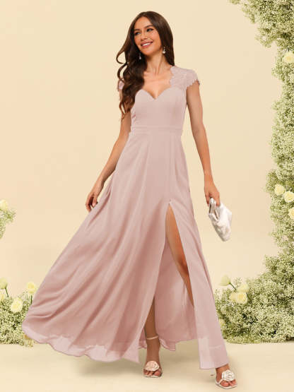 A Line Princess V Neck Floor Length Bridesmaid Dresses With Split Side