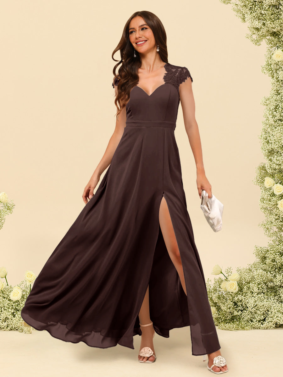 A Line Princess V Neck Floor Length Bridesmaid Dresses With Split Side