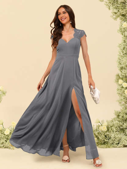 A Line Princess V Neck Floor Length Bridesmaid Dresses With Split Side